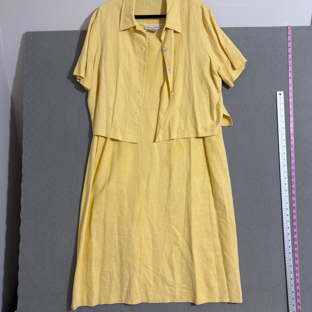 Vtg Yellow Linen Blend Embroidered Floral Dress Set Sz 18 cottagecore‎ modest *